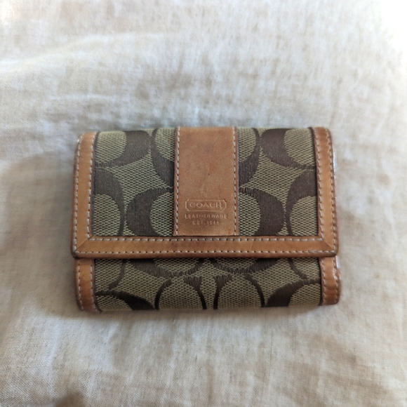 Coach Tan and Brown Signature Canvas and Leather Trifold Wallet - Picture 1 of 8